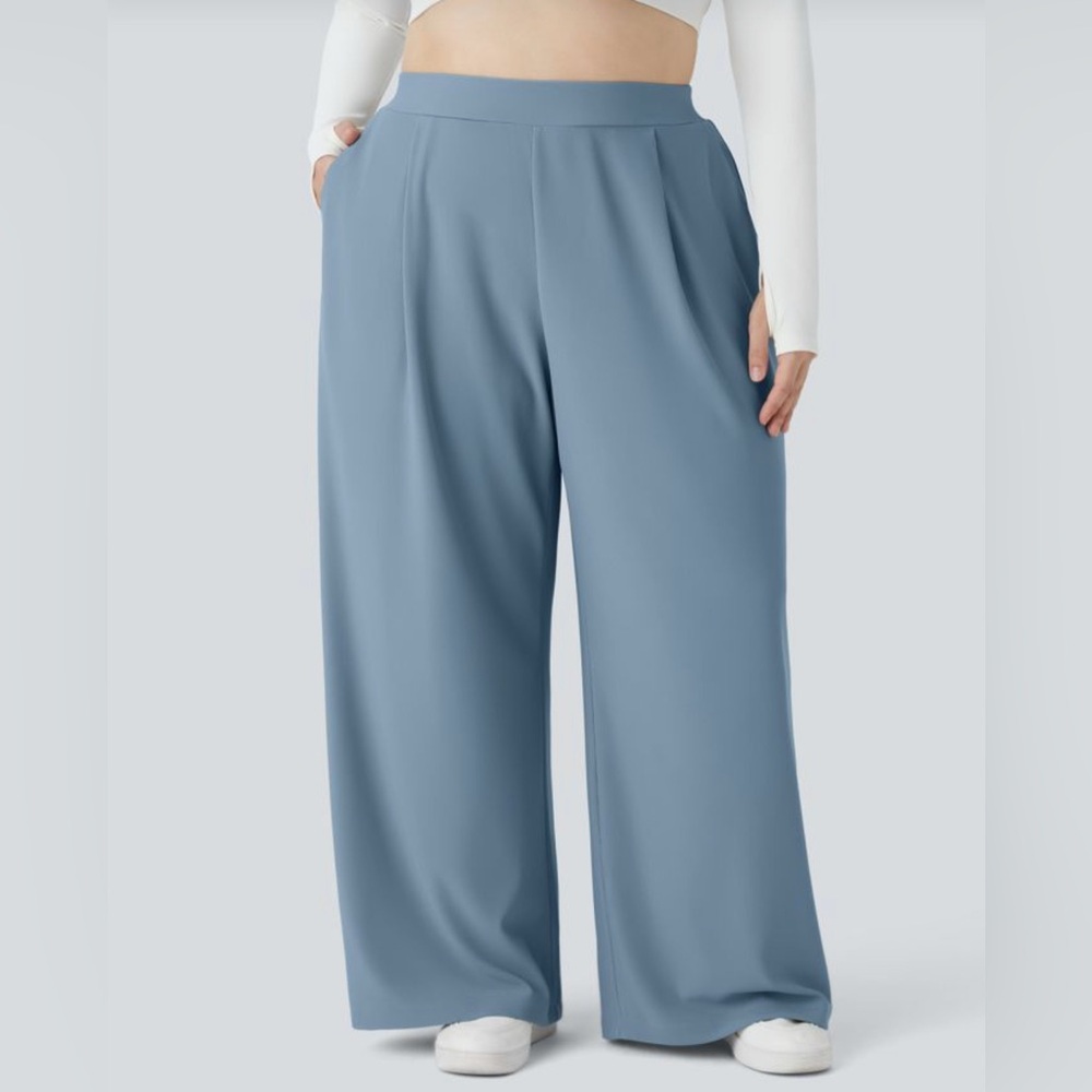 Halara Flex Micro Waffle Pull On High Waisted Wide Leg Pants Light Blue XL NWT - Picture 3 of 10
